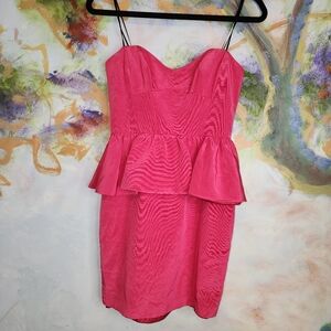 Strapless Pre-Owned A.B.S. Hot Pink/Watermelon Peplum Skirted Dress